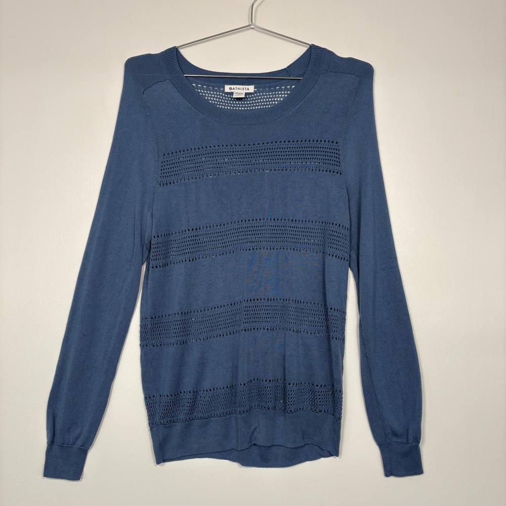 Athleta Womens Sweater Size M‎ Blue Pointelle Open Knit Long Sleeve Crewneck